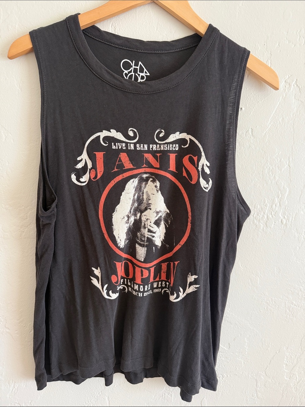 Chaser Black Janis Joplin Graphic Muscle Tee with Red and White